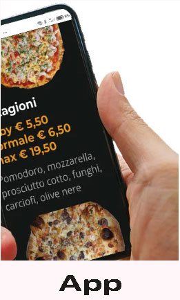 L'immagine raffigura uno smartphone con l'app di ristorazione ed esattamente un menù digitale per ristoranti.